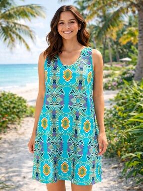 Aryeh Turquoise Multi-Color Patterned Shift Dress
